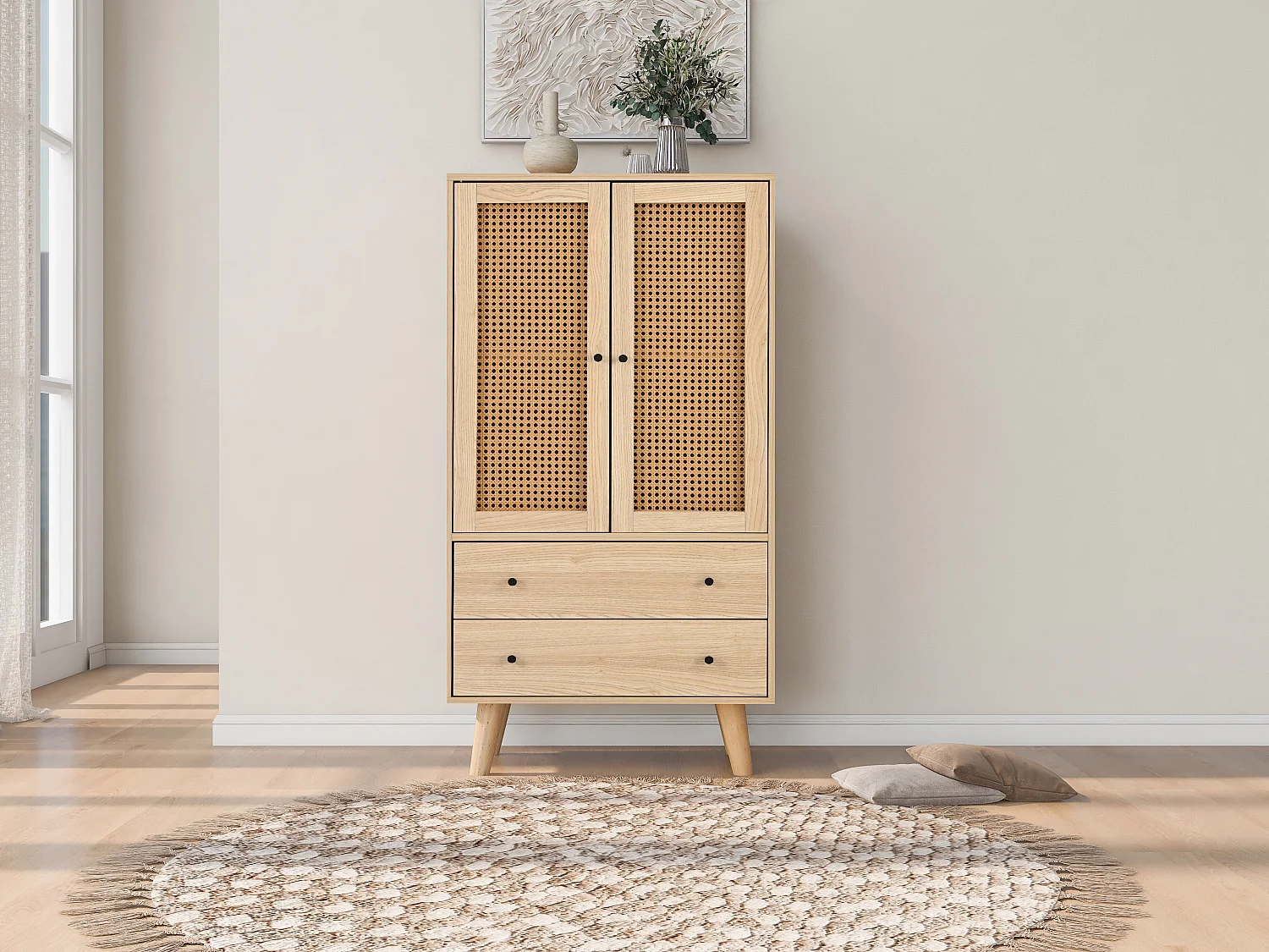 Aparador 120cm MDF Rattan 2 portas 2 gavetas armário TV sala cozinha Carvalho