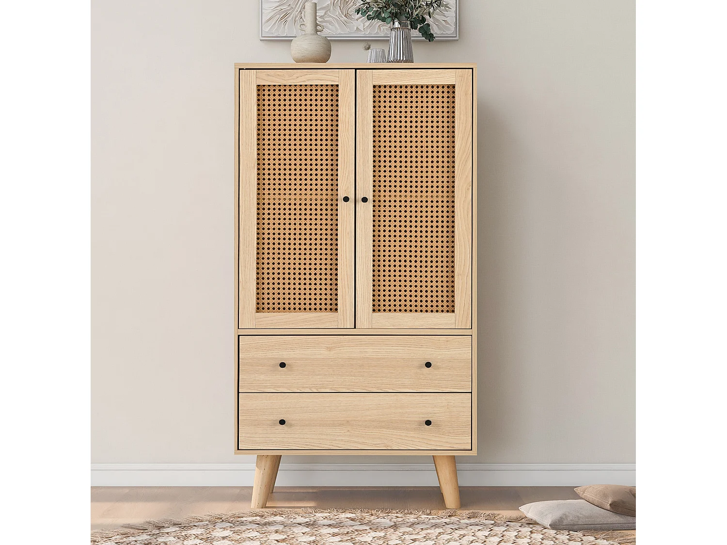 Aparador 120cm MDF Ratán 2 puertas 2 cajones mueble TV salón cocina Roble