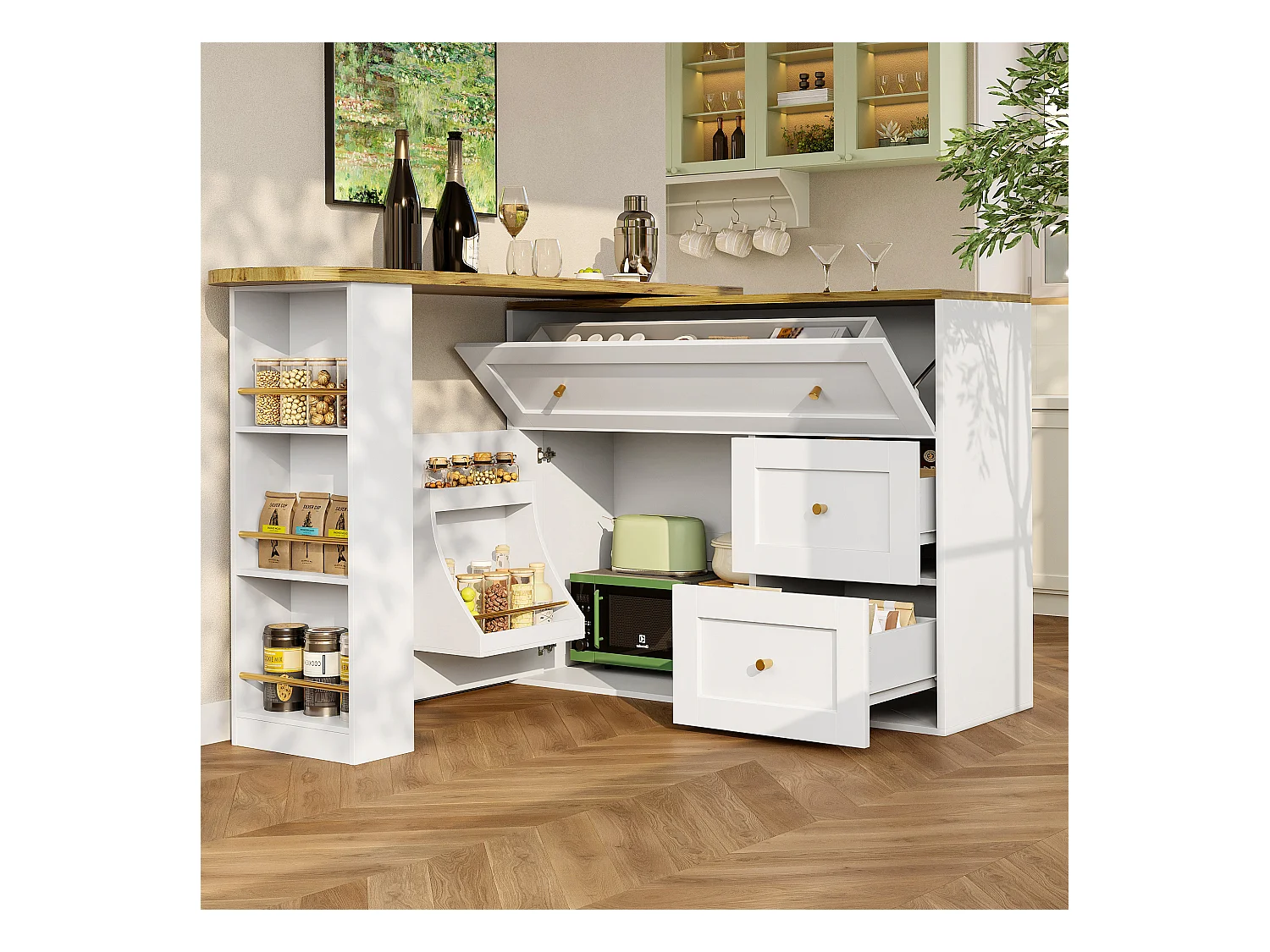 Mesa de bar extensível com armazenamento, móvel de cozinha, ilha central, MDF branco alto 138-204x39x105cm