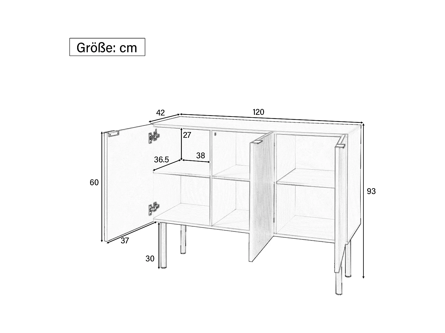 Aparador moderno em MDF com 3 portas e prateleiras reguláveis ​​para metal, sala de estar, cozinha, sala de jantar, preto