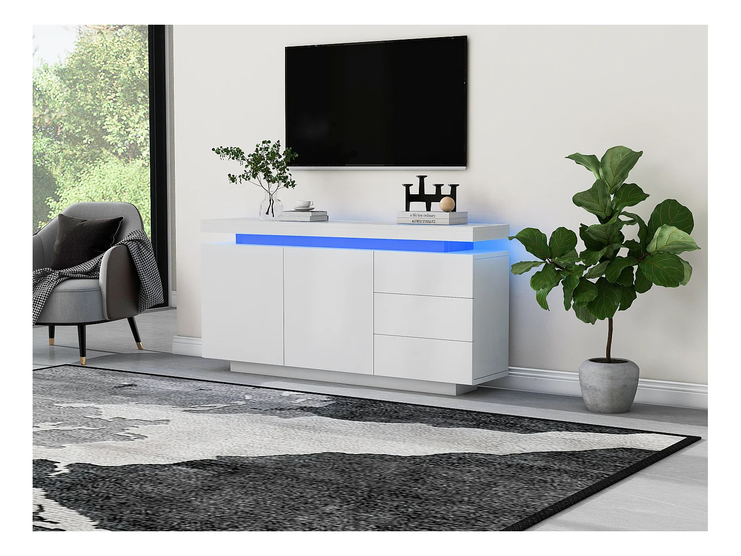 Aparador 140cm MDF blanco LED 2 puertas 3 cajones mueble almacenaje salón comedor