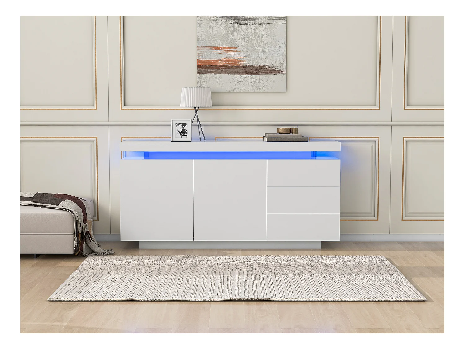 Aparador 140cm MDF blanco LED 2 puertas 3 cajones mueble almacenaje salón comedor