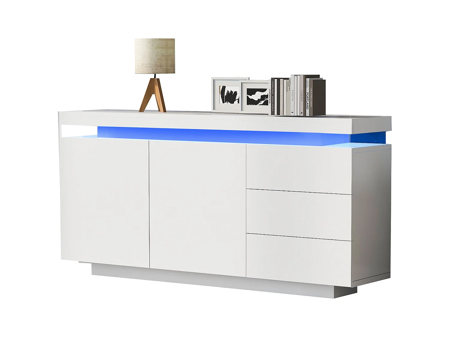 Aparador 140cm MDF blanco LED 2 puertas 3 cajones mueble almacenaje salón comedor