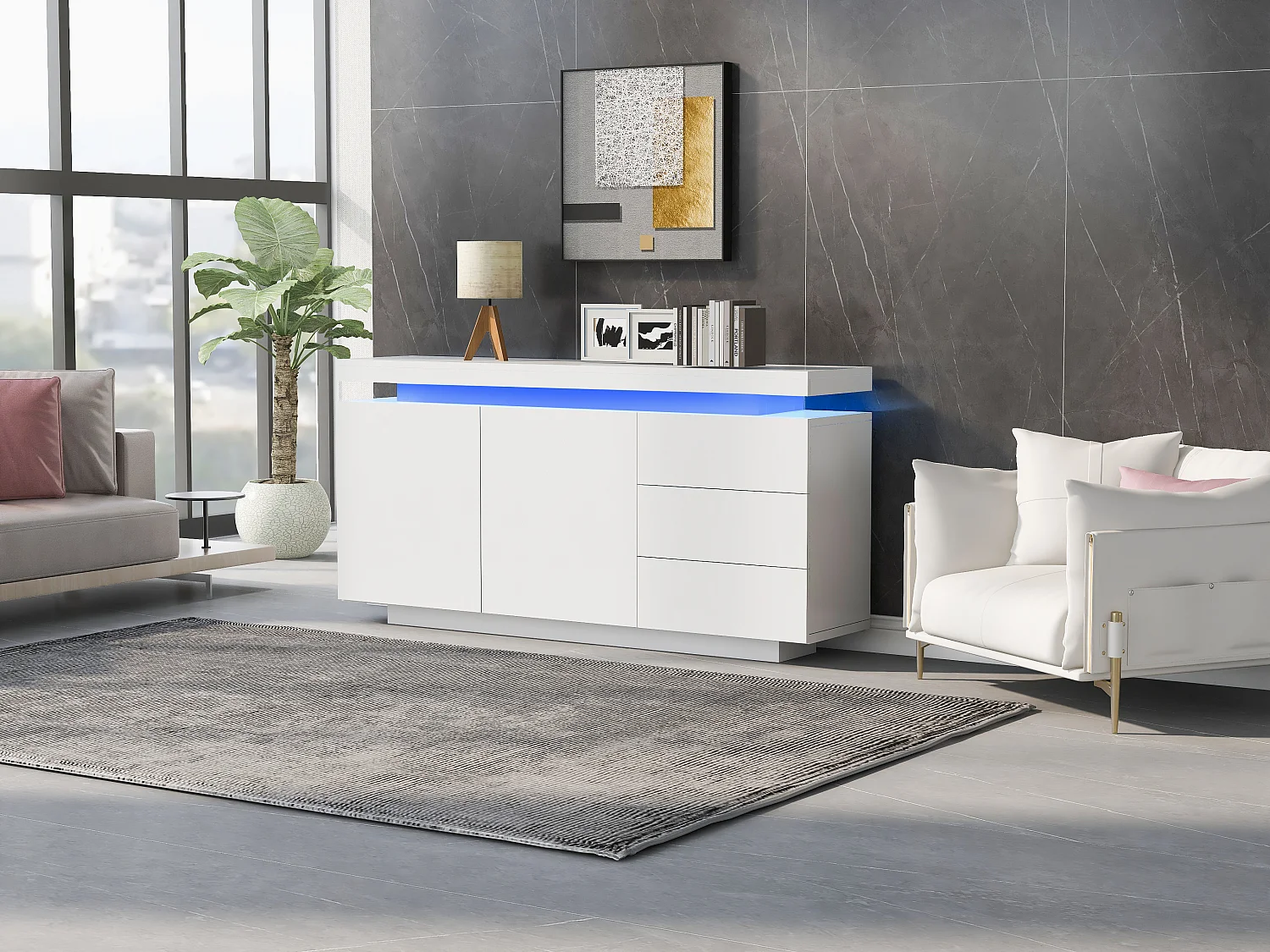 Aparador 140cm MDF blanco LED 2 puertas 3 cajones mueble almacenaje salón comedor