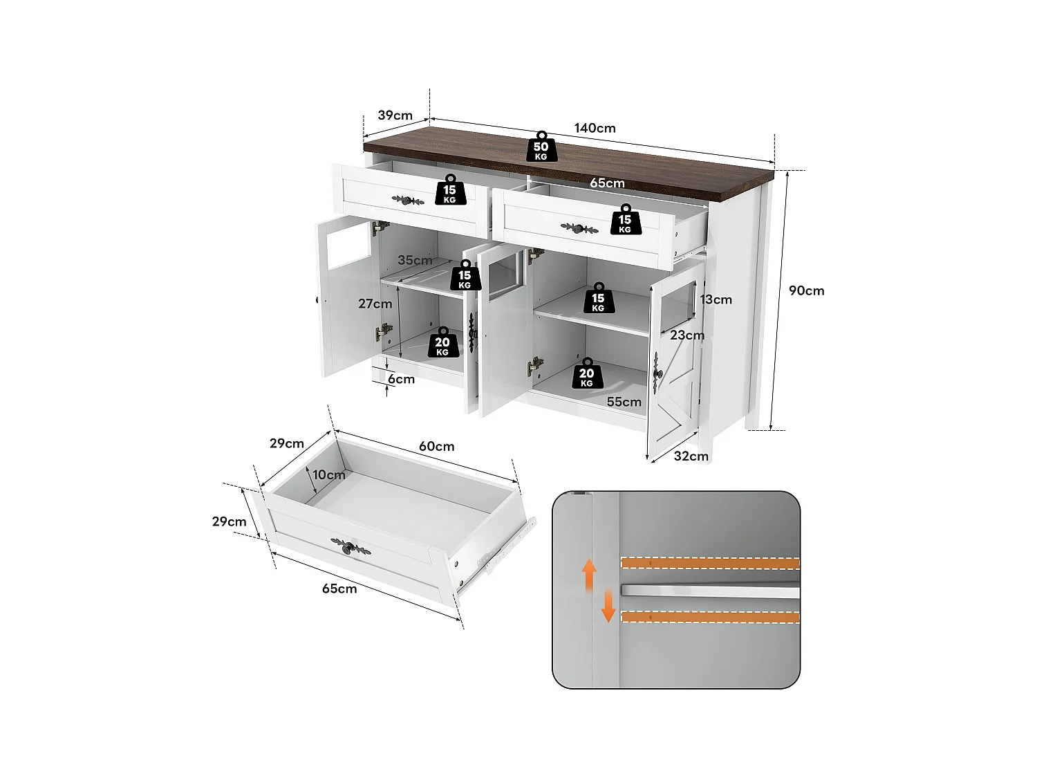 Aparador 140cm MDF 4 puertas 2 cajones almacenaje salón cocina blanco