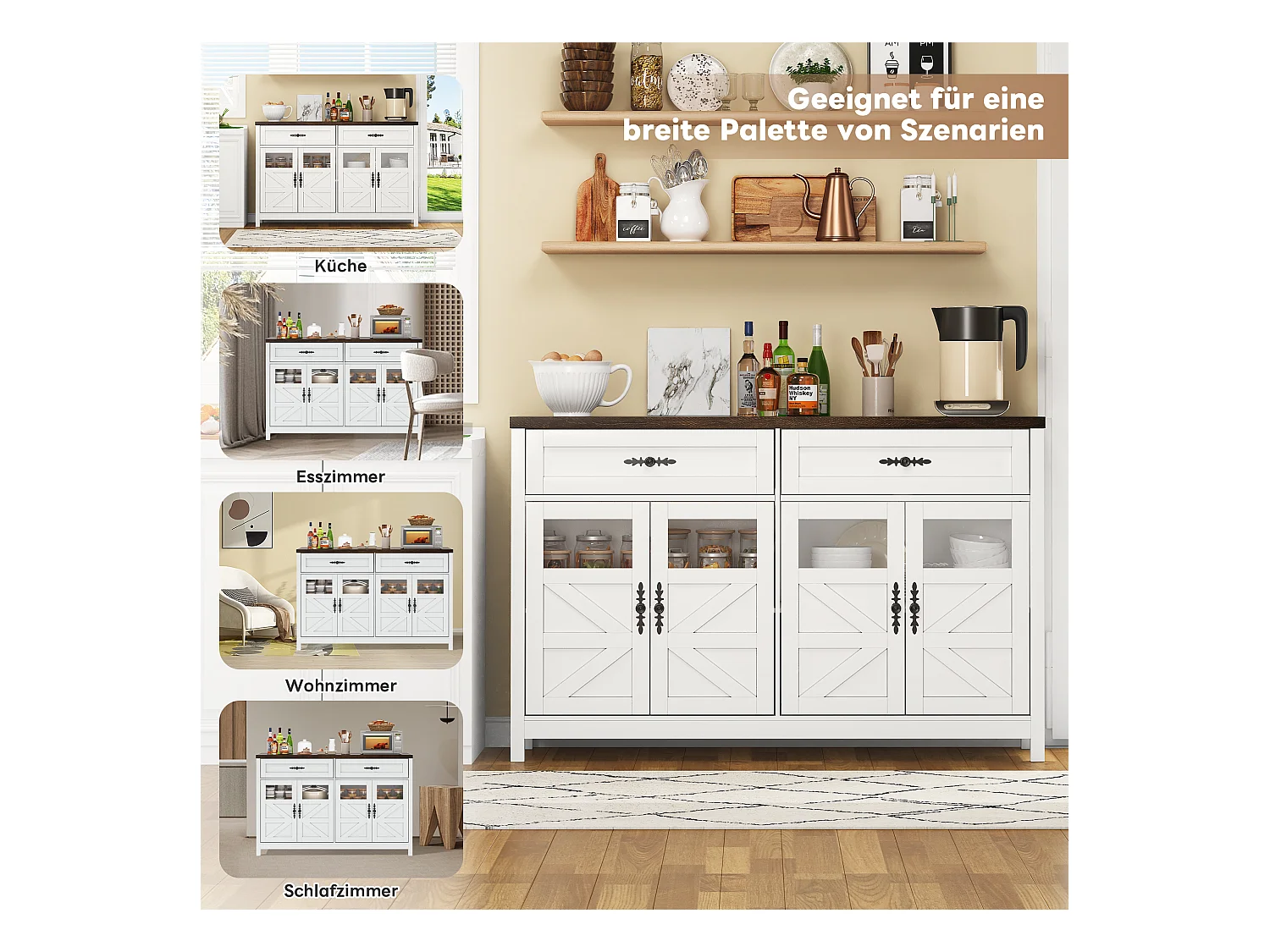 Aparador 140cm MDF 4 puertas 2 cajones almacenaje salón cocina blanco