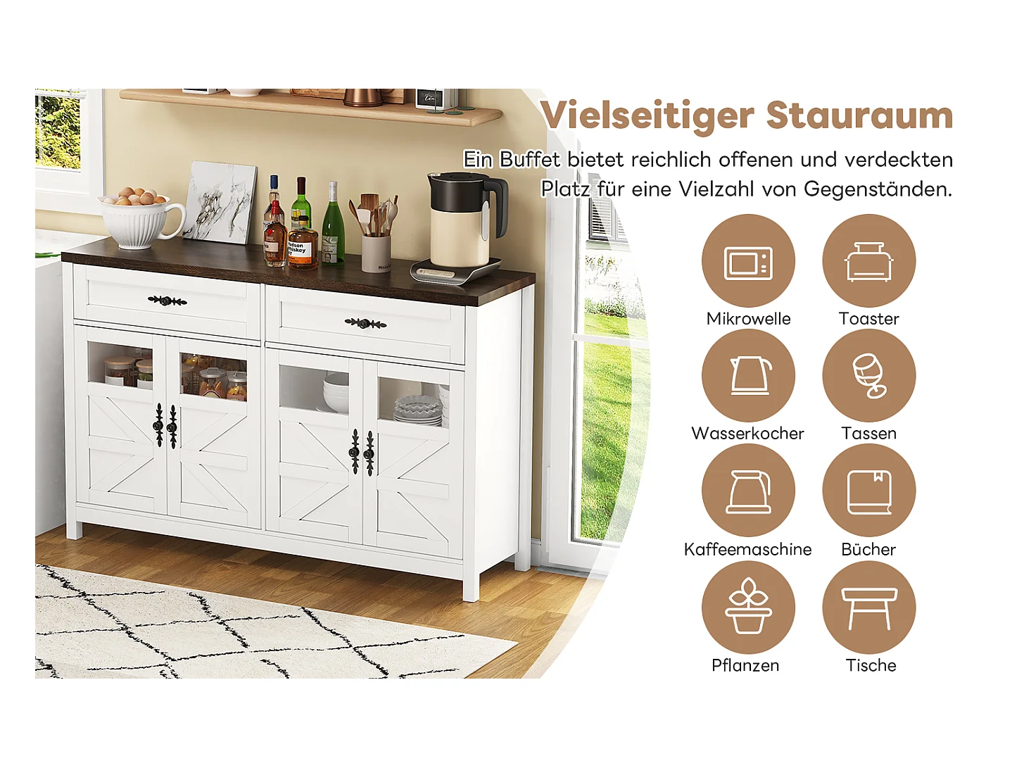 Aparador 140cm MDF 4 puertas 2 cajones almacenaje salón cocina blanco