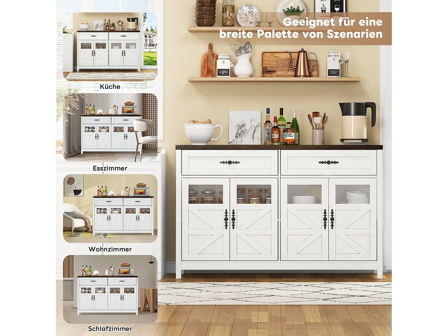 Buffet 140 cm MDF 4 porte 2 tiroirs rangement salone cucina bianco