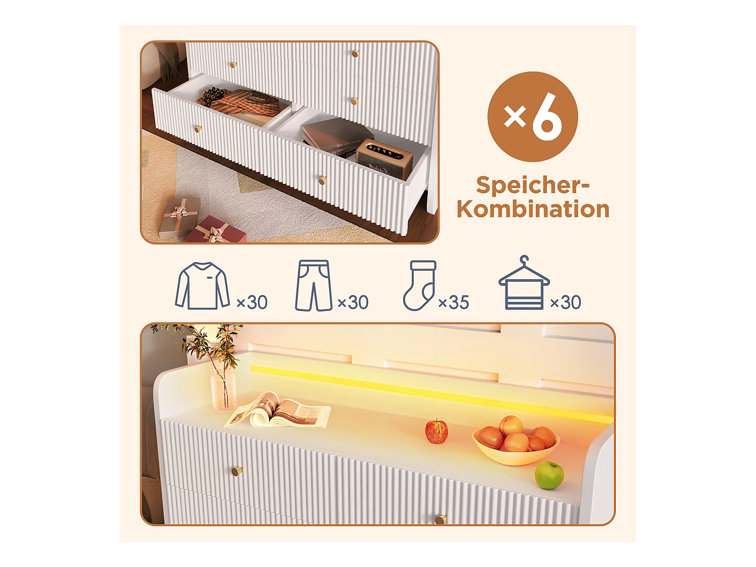 Aparador LED branco 6 gavetas MDF móvel de arrumação sala quarto 120x40x75 cm