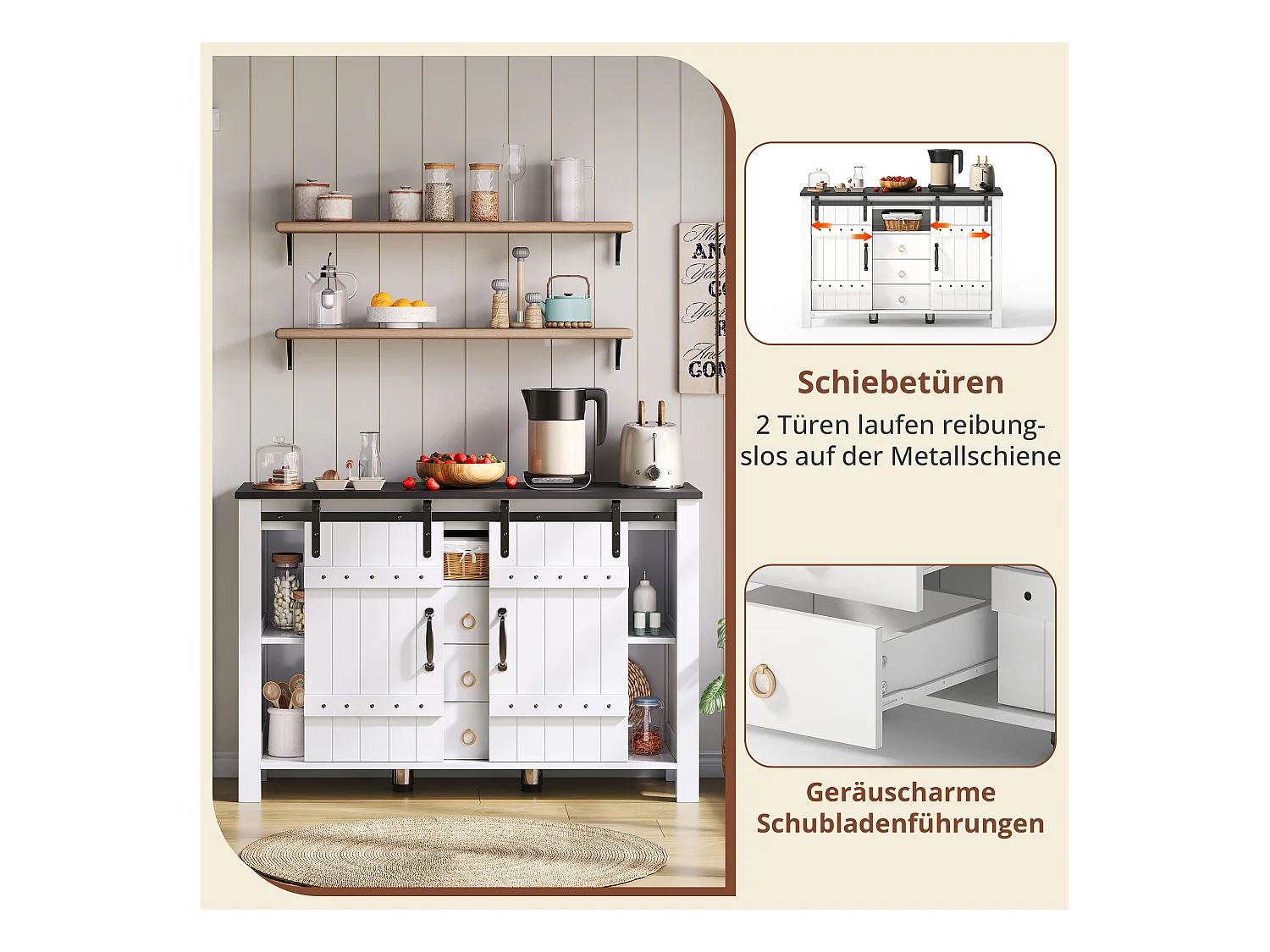 Buffet MDF 120 cm portes coulissantes 3 cassetti stile rustico per cucina salon blanc