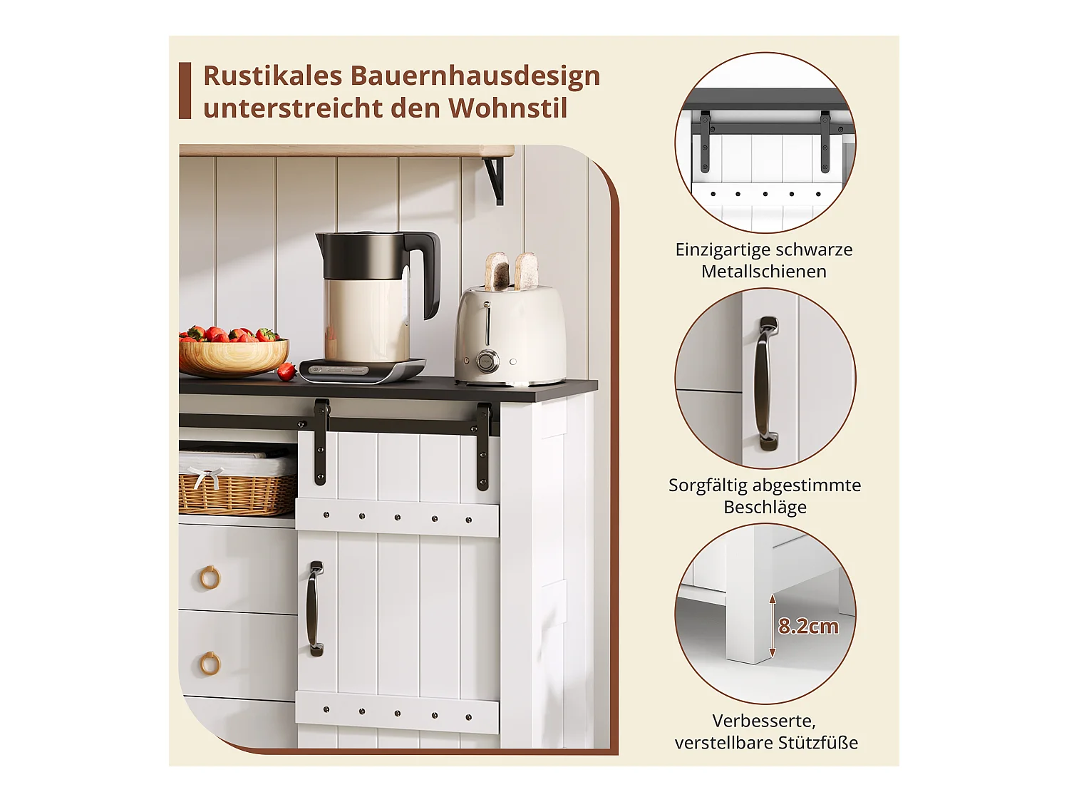 Buffet MDF 120 cm portes coulissantes 3 cassetti stile rustico per cucina salon blanc