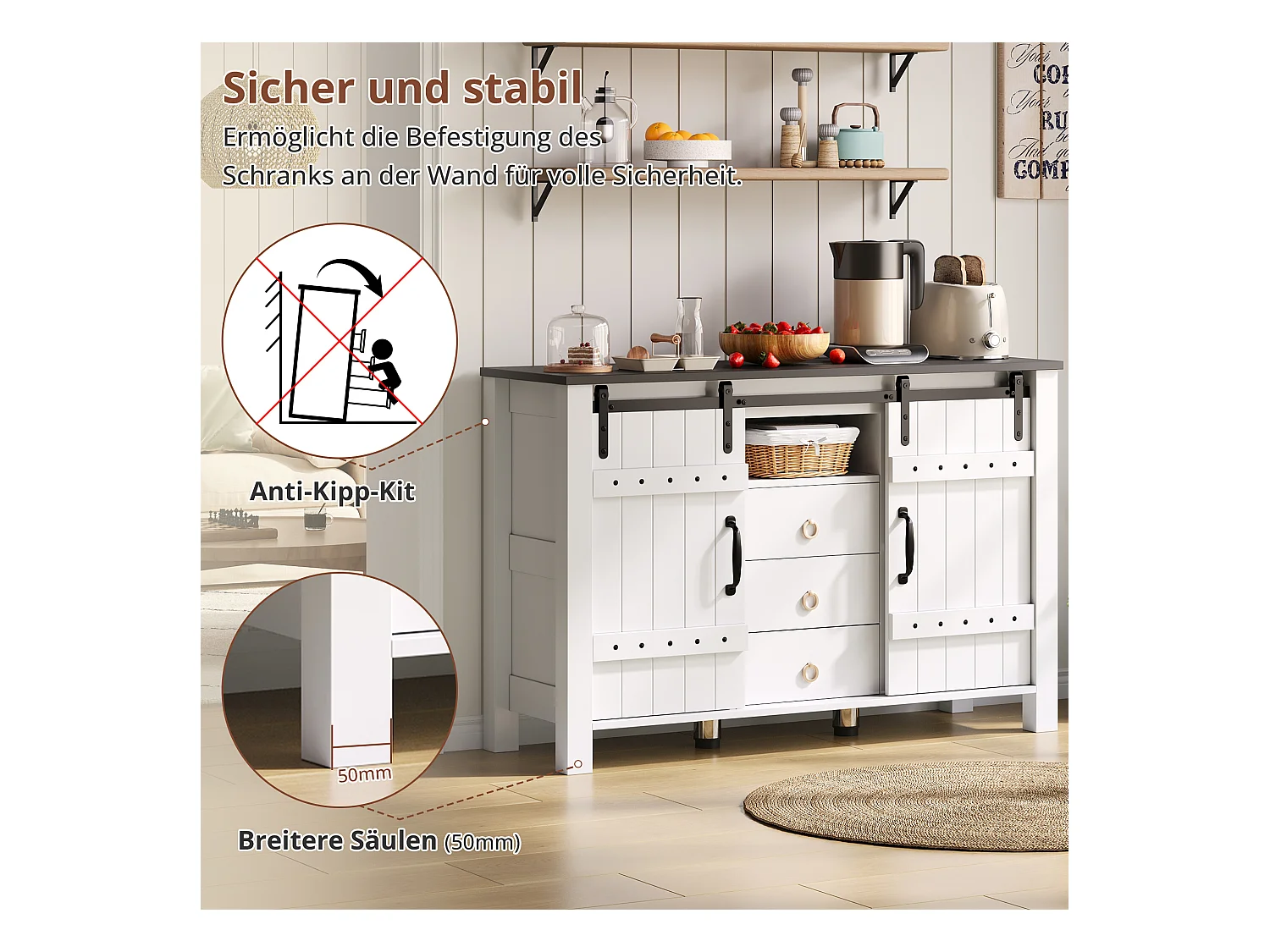 Buffet MDF 120 cm portes coulissantes 3 cassetti stile rustico per cucina salon blanc