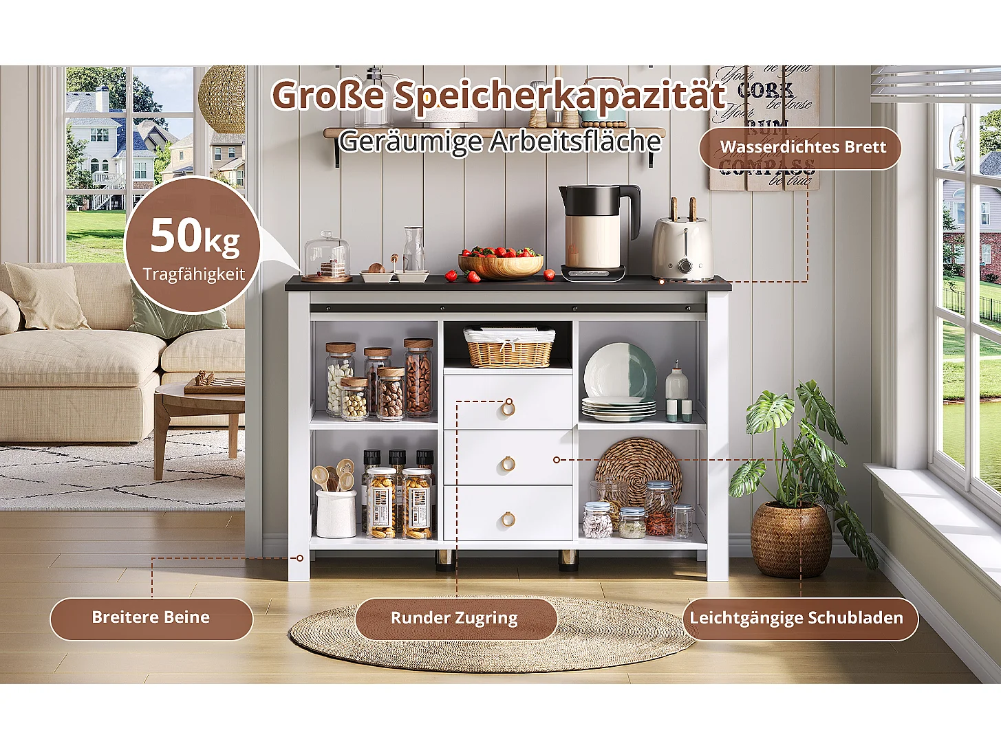 Buffet MDF 120 cm portes coulissantes 3 cassetti stile rustico per cucina salon blanc