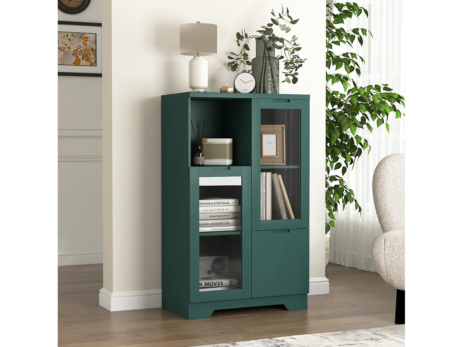 Aparador de MDF verde con puertas de cristal y cajón, mueble de almacenaje para salón dormitorio 90x40x120 cm