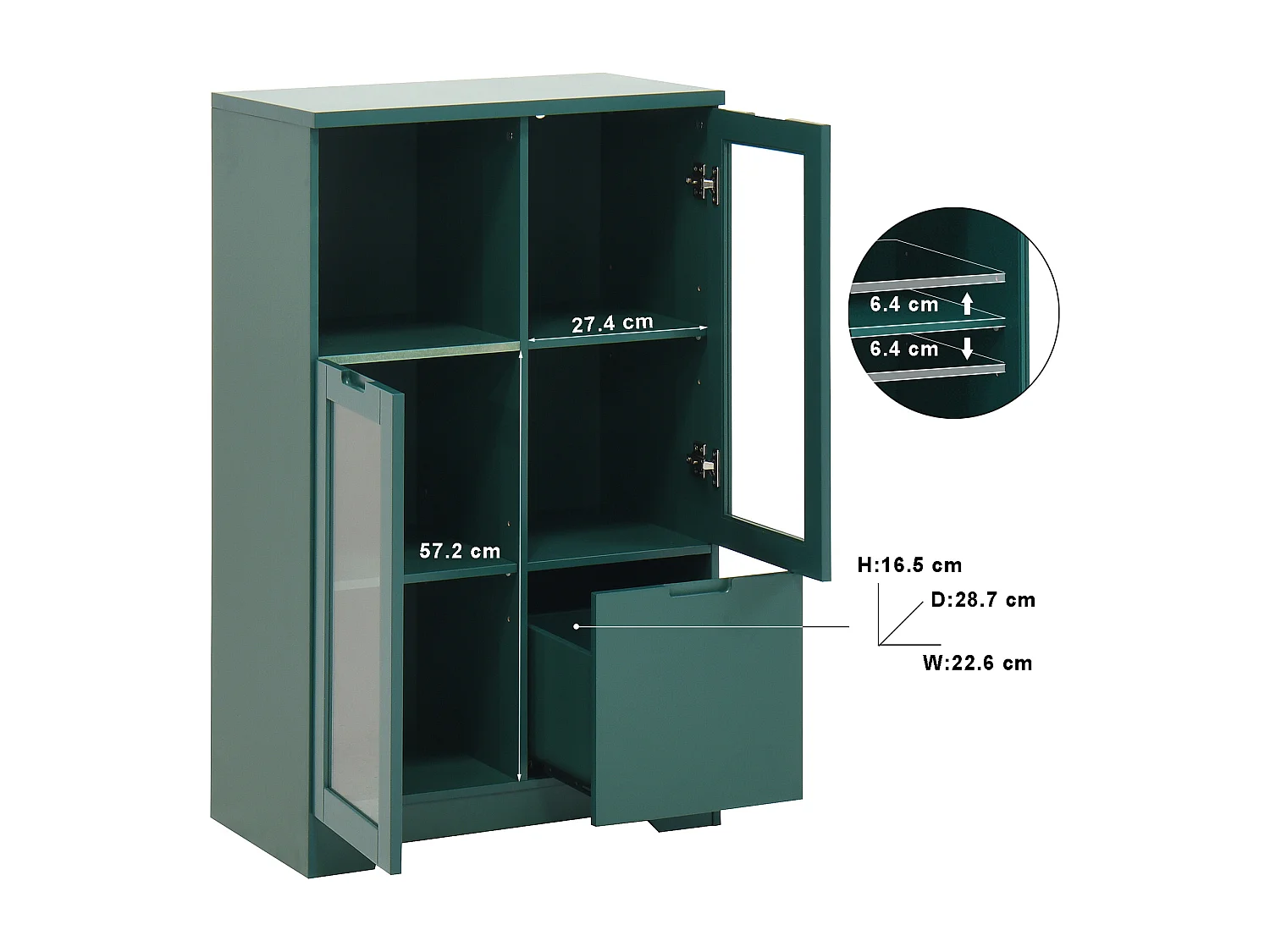 Aparador de MDF verde con puertas de cristal y cajón, mueble de almacenaje para salón dormitorio 90x40x120 cm