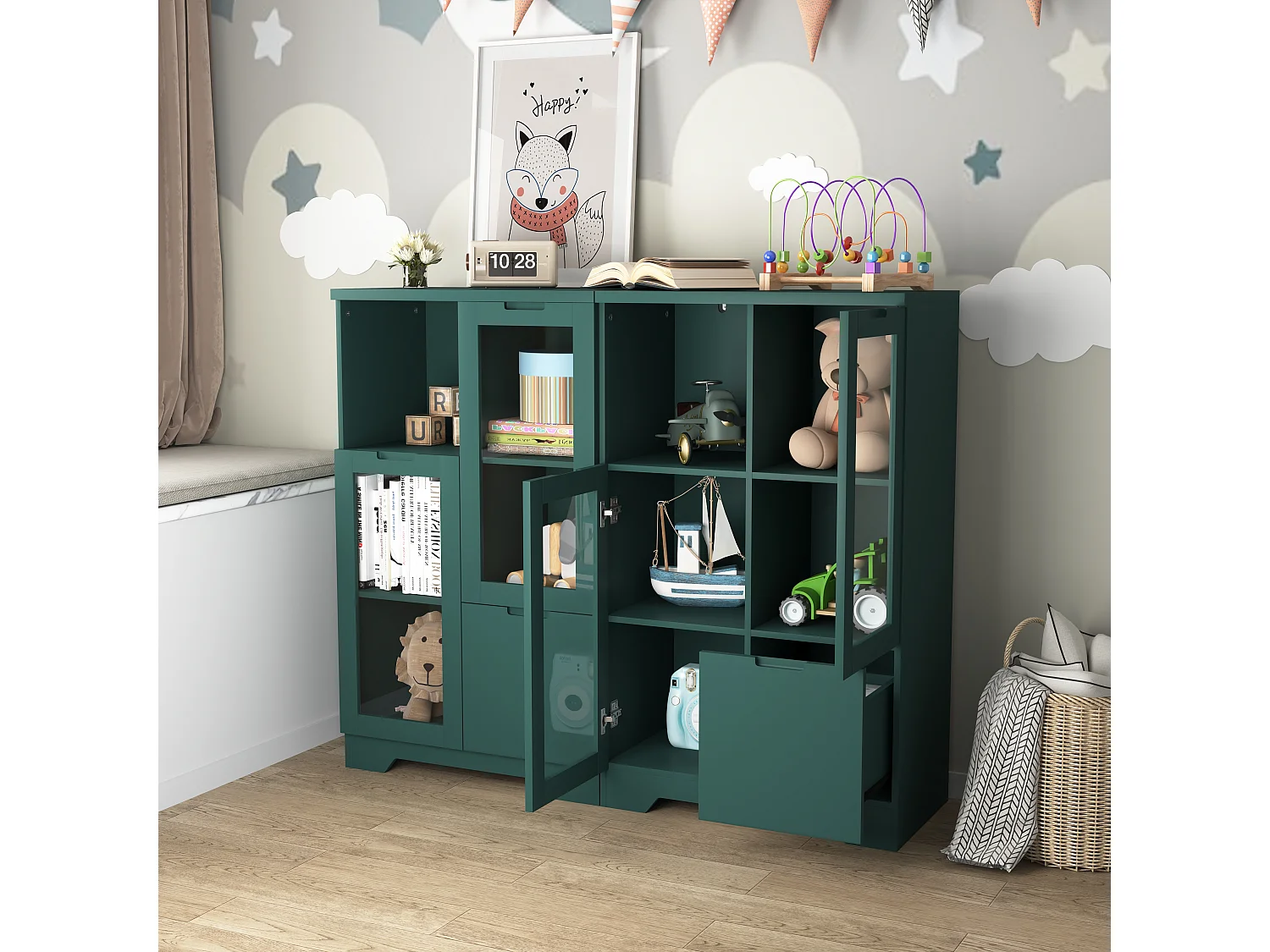 Aparador de MDF verde con puertas de cristal y cajón, mueble de almacenaje para salón dormitorio 90x40x120 cm