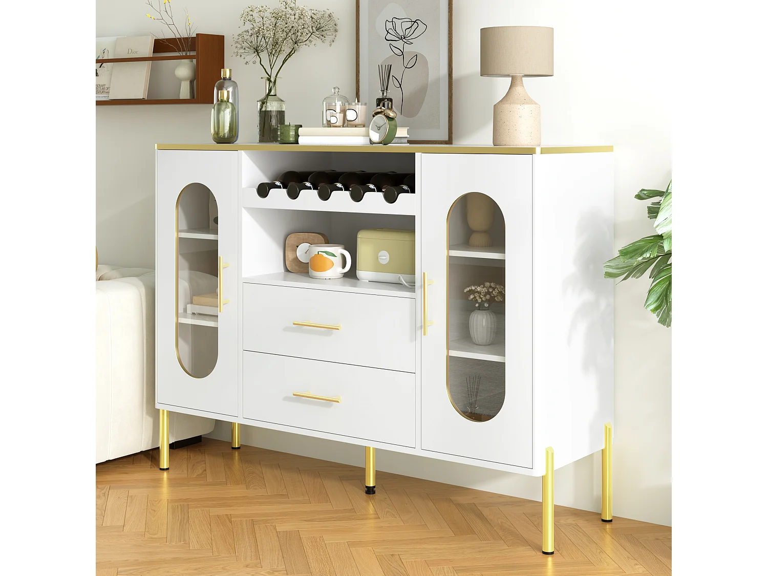Aparador de MDF blanco con puertas de cristal y botellero, almacenaje para salón y comedor, patas regulables