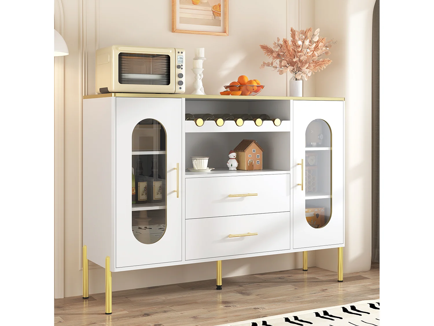 Aparador de MDF blanco con puertas de cristal y botellero, almacenaje para salón y comedor, patas regulables
