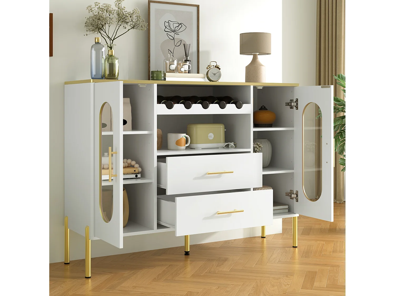 Aparador de MDF blanco con puertas de cristal y botellero, almacenaje para salón y comedor, patas regulables