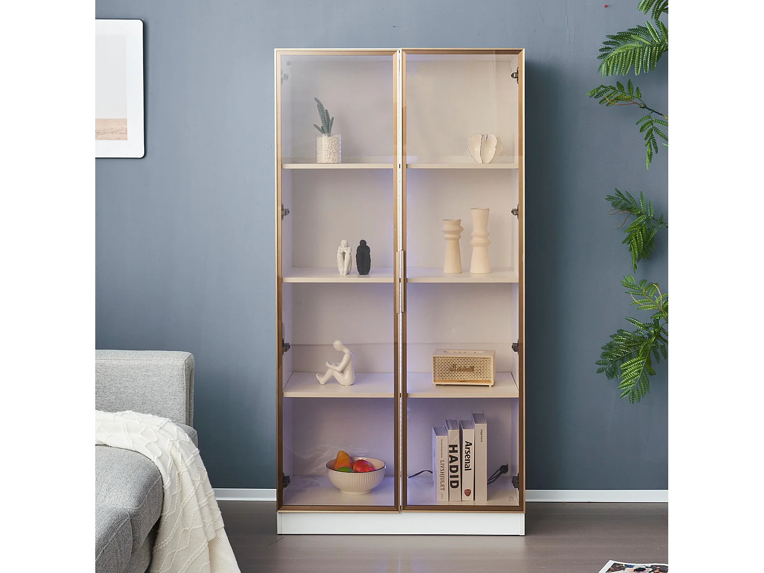 Vitrina LED de madera blanca con puertas de cristal y estantes regulables 80x40x160cm para sala de exposiciones