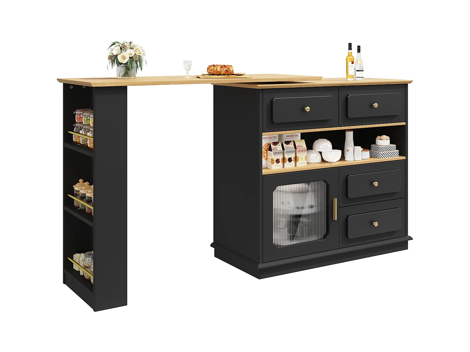 Mesa de bar extensible MDF 125-181cm giratoria 360° con almacenaje cristal negro cocina salón