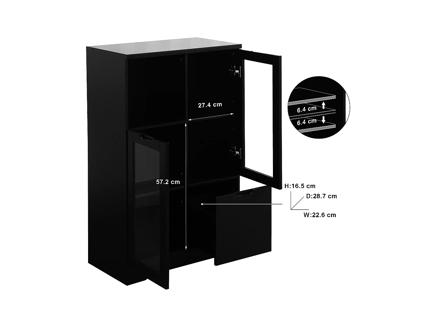 Buffet nero in MDF con porte vetrate e cassettone, mobile rangement salon chambre 90x40x120 cm