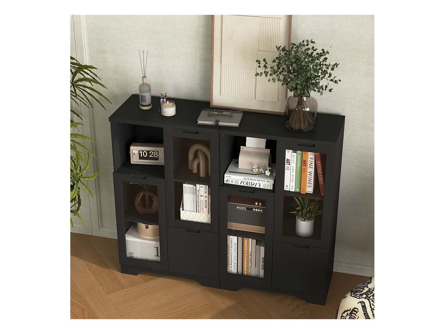 Buffet nero in MDF con porte vetrate e cassettone, mobile rangement salon chambre 90x40x120 cm