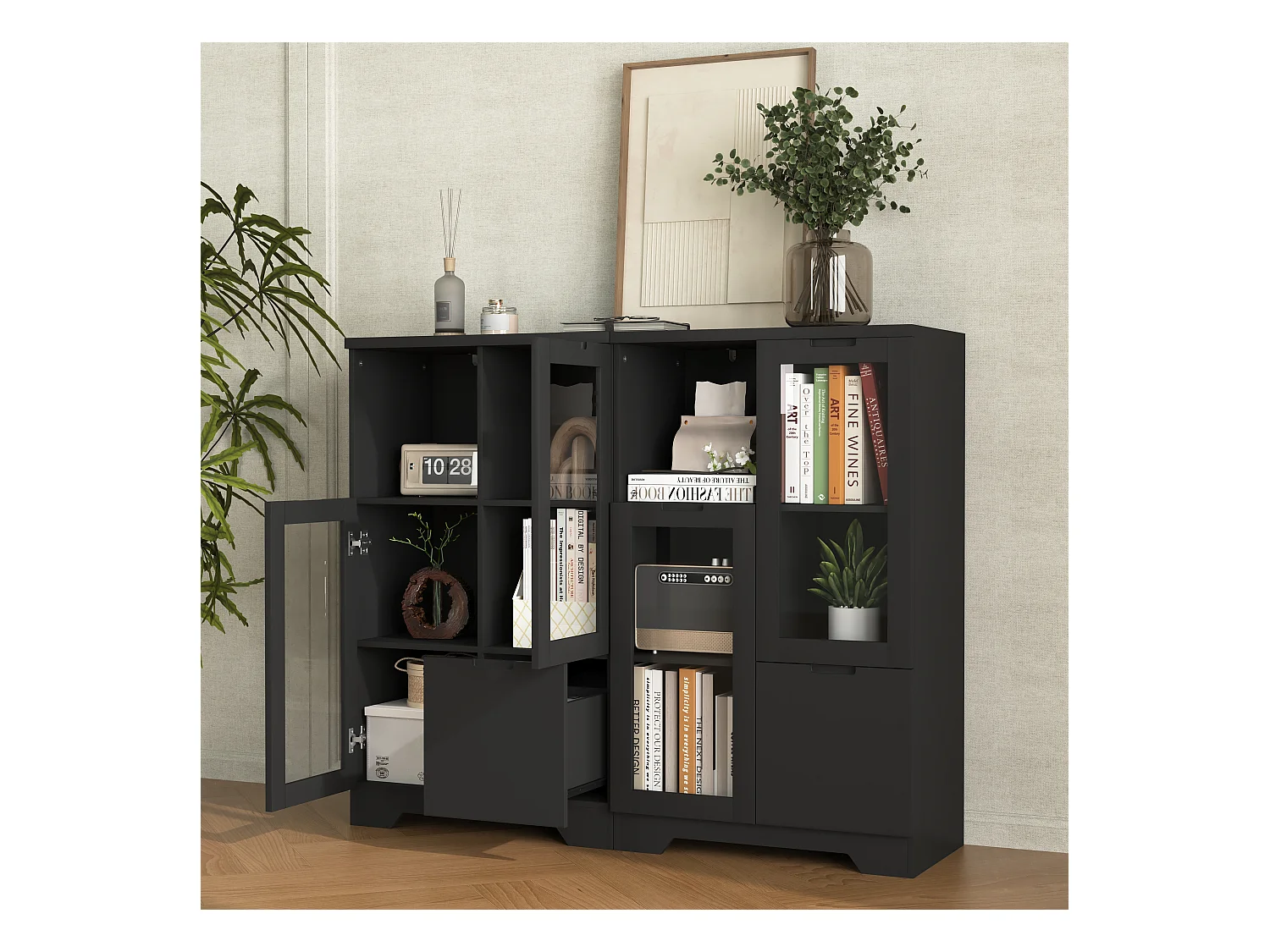 Buffet nero in MDF con porte vetrate e cassettone, mobile rangement salon chambre 90x40x120 cm