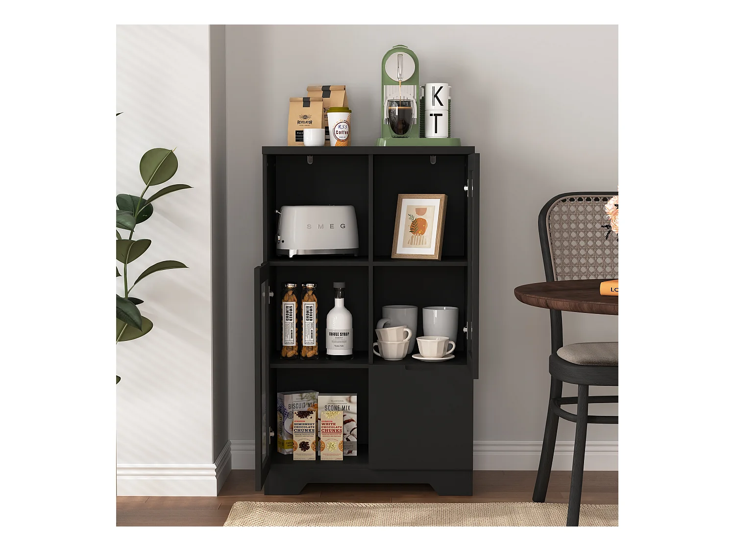 Buffet nero in MDF con porte vetrate e cassettone, mobile rangement salon chambre 90x40x120 cm