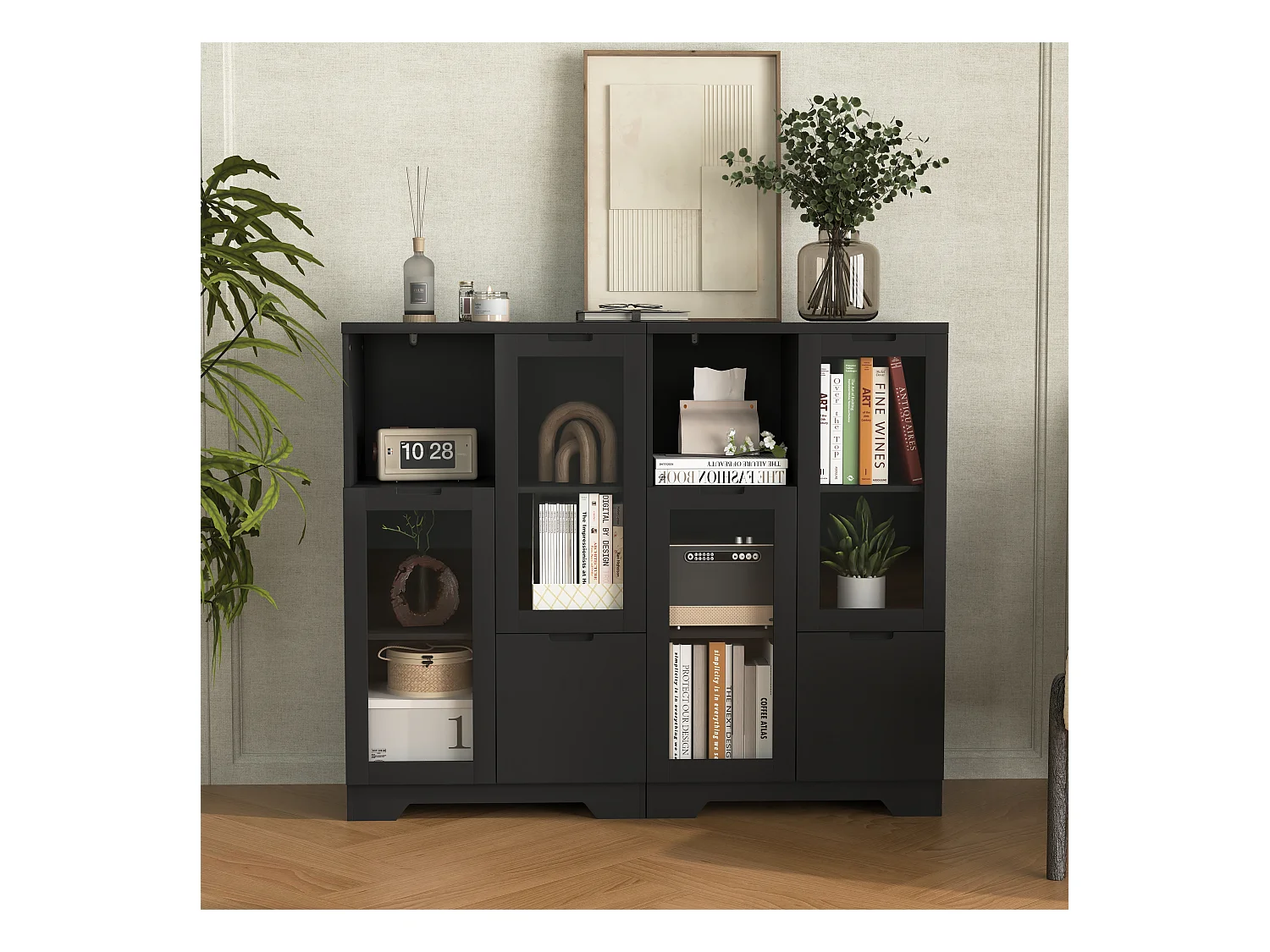 Buffet nero in MDF con porte vetrate e cassettone, mobile rangement salon chambre 90x40x120 cm