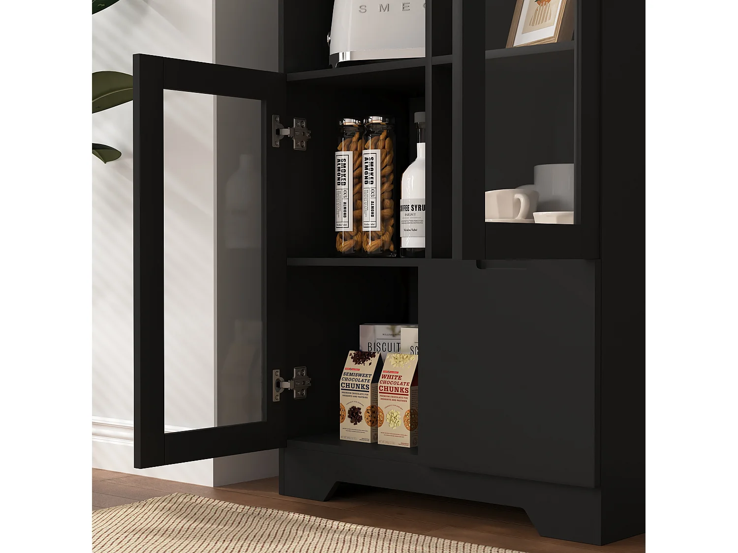 Aparador de MDF negro con puertas de cristal y cajón, mueble de almacenaje para salón dormitorio 90x40x120 cm