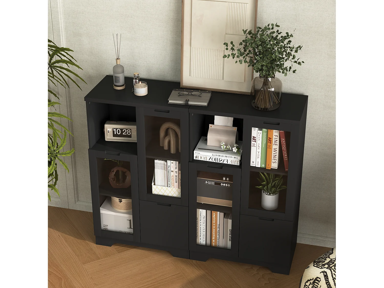 Aparador de MDF negro con puertas de cristal y cajón, mueble de almacenaje para salón dormitorio 90x40x120 cm