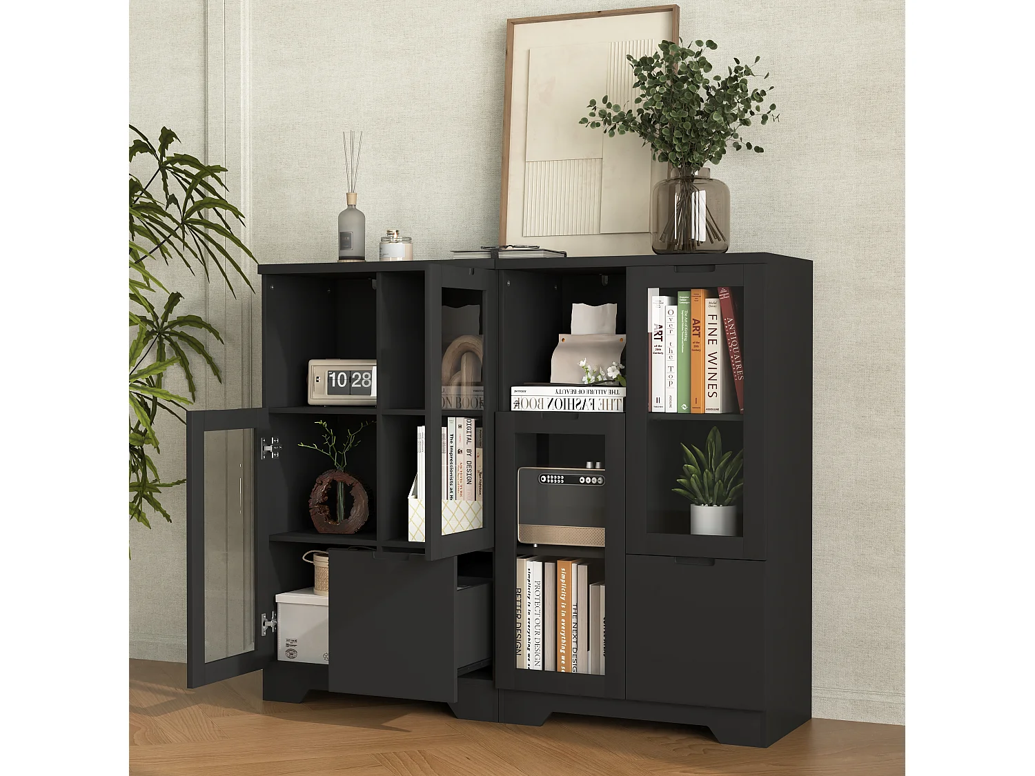 Aparador de MDF negro con puertas de cristal y cajón, mueble de almacenaje para salón dormitorio 90x40x120 cm