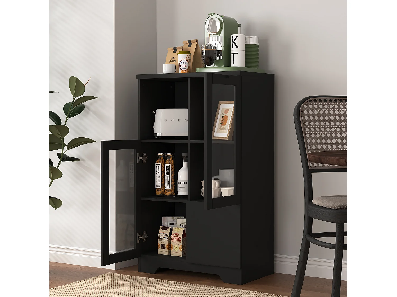 Aparador de MDF negro con puertas de cristal y cajón, mueble de almacenaje para salón dormitorio 90x40x120 cm