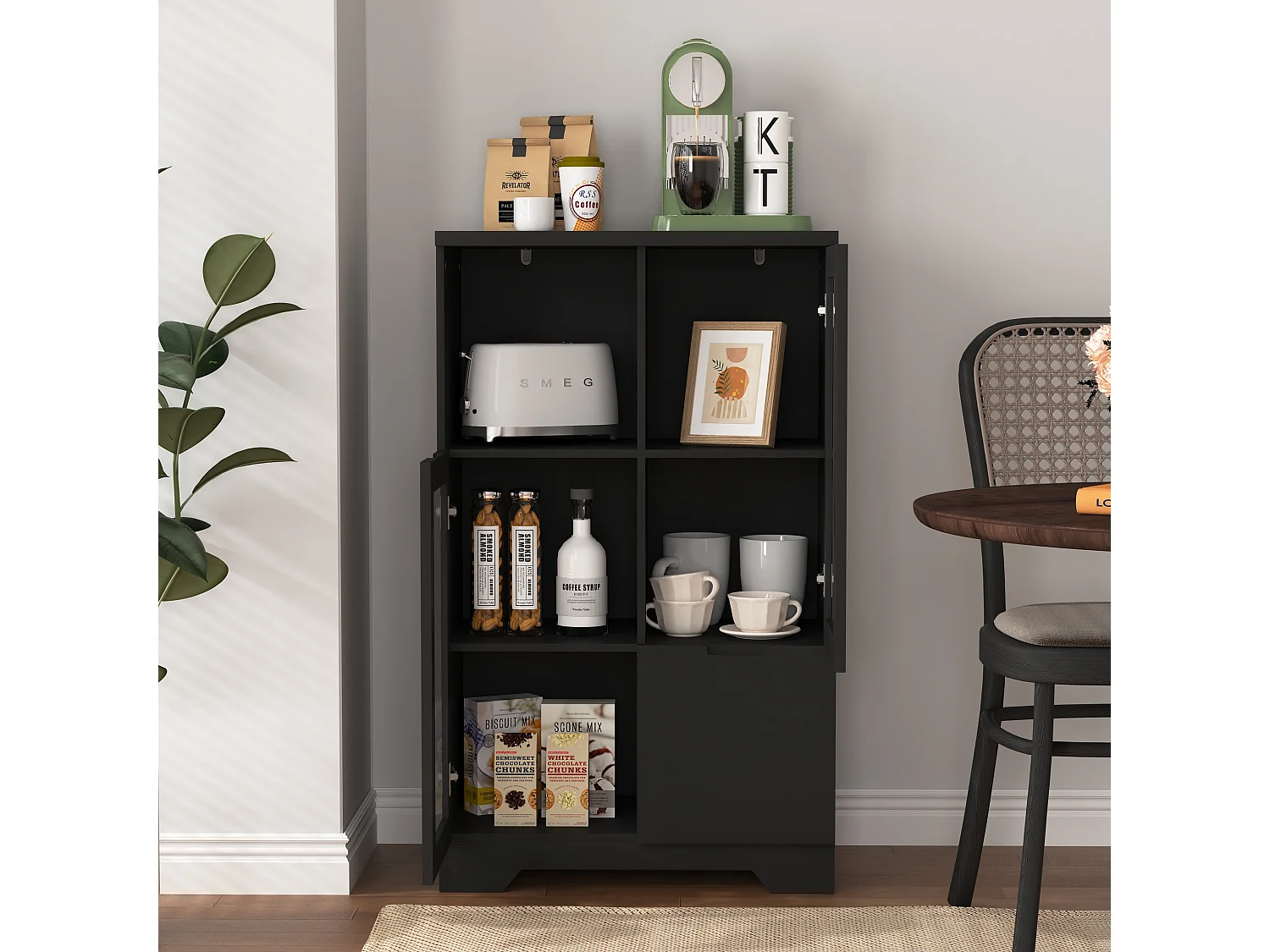 Aparador de MDF negro con puertas de cristal y cajón, mueble de almacenaje para salón dormitorio 90x40x120 cm