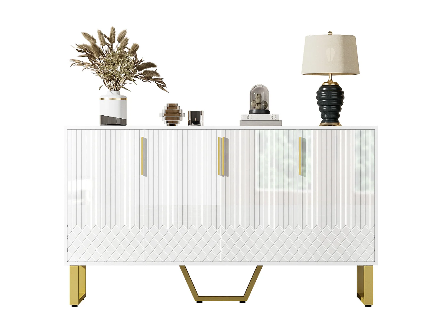 Buffet haut blanc laqué MDF metallo 4 porte rangement salon chambre 140x40x80 cm