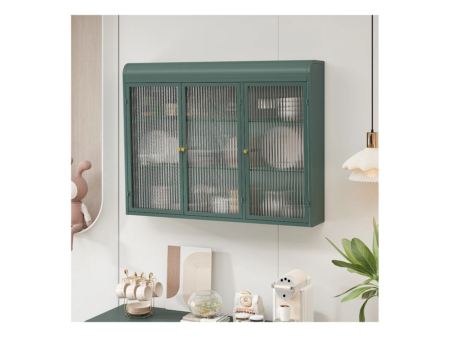 Meuble murale 3 porte verre trempé métal rangement kitchen salon salle de bain vert foncé 90x20x70 cm
