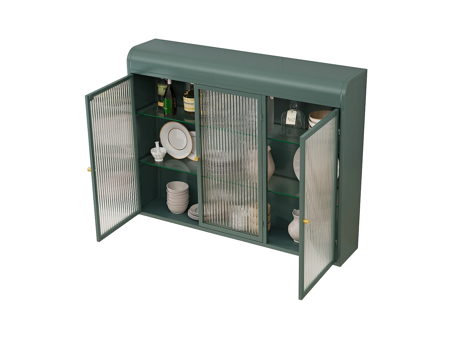 Meuble murale 3 porte verre trempé métal rangement kitchen salon salle de bain vert foncé 90x20x70 cm