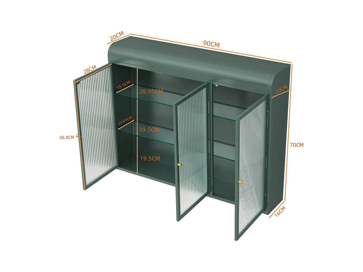 Meuble murale 3 porte verre trempé métal rangement kitchen salon salle de bain vert foncé 90x20x70 cm