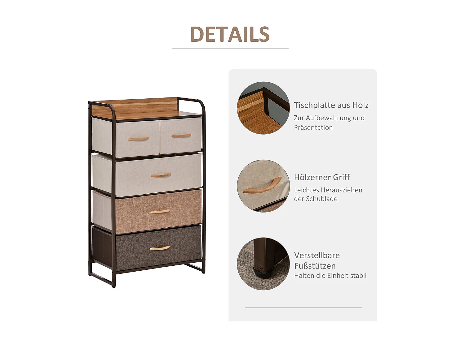 Móvel de arrumação com 5 gavetas dobráveis ​​em tecido castanho para sala e quarto 58x29x99 cm