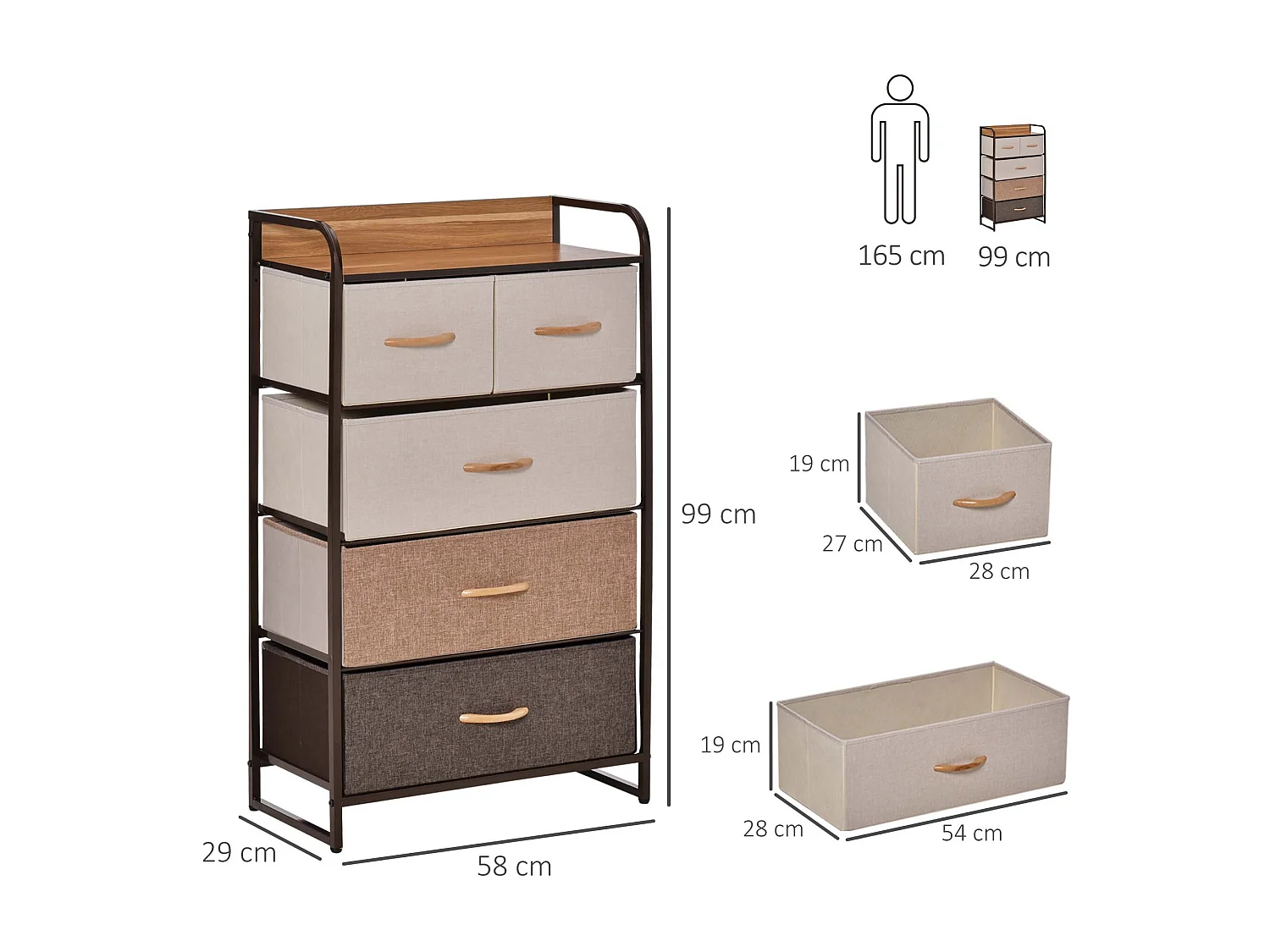 Mueble de almacenaje con 5 cajones plegables de tela en color marrón para salón y dormitorio 58x29x99 cm