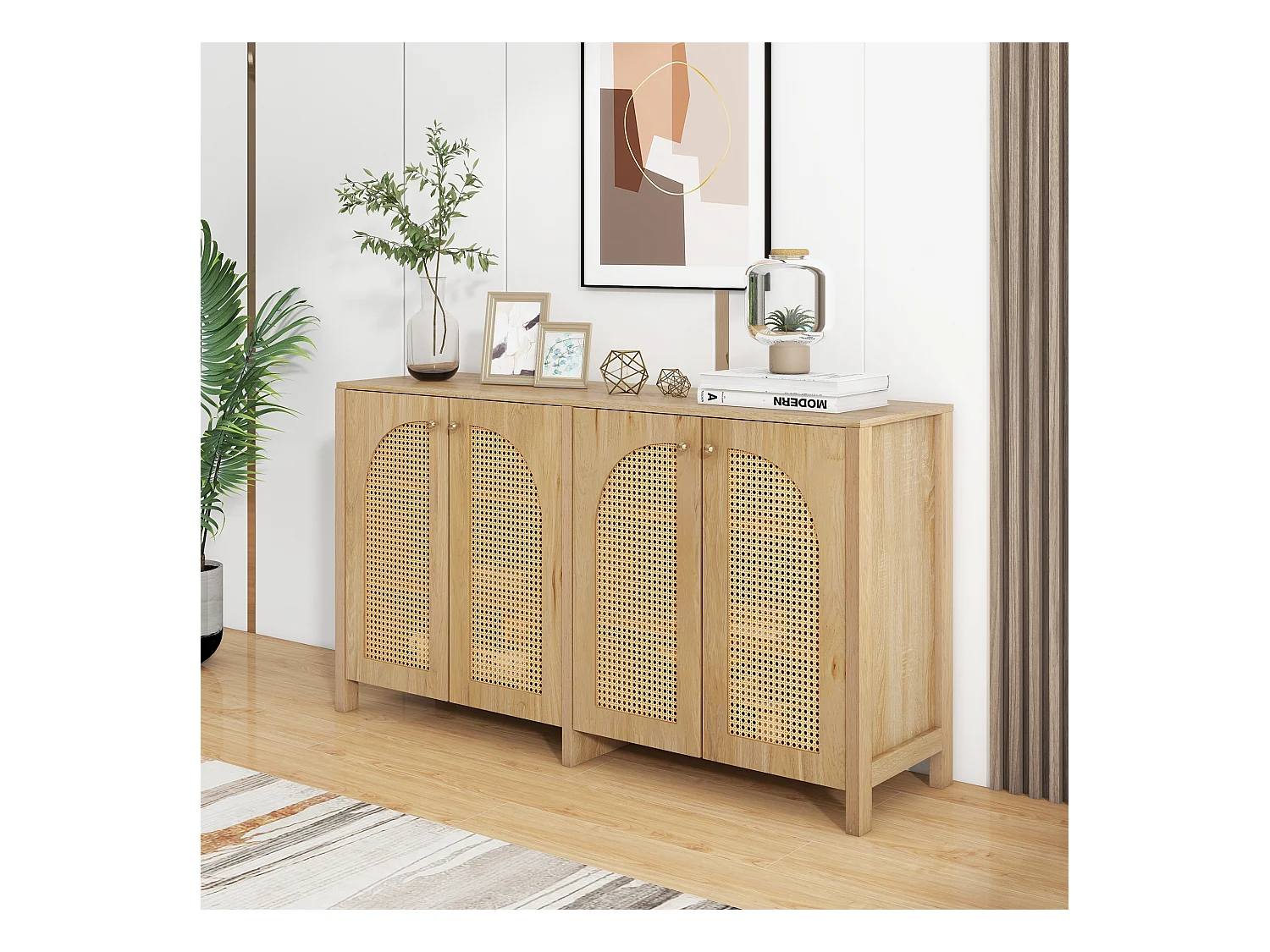 Aparador moderno de ratán MDF de 4 puertas con almacenamiento para sala de estar y comedor en color natural