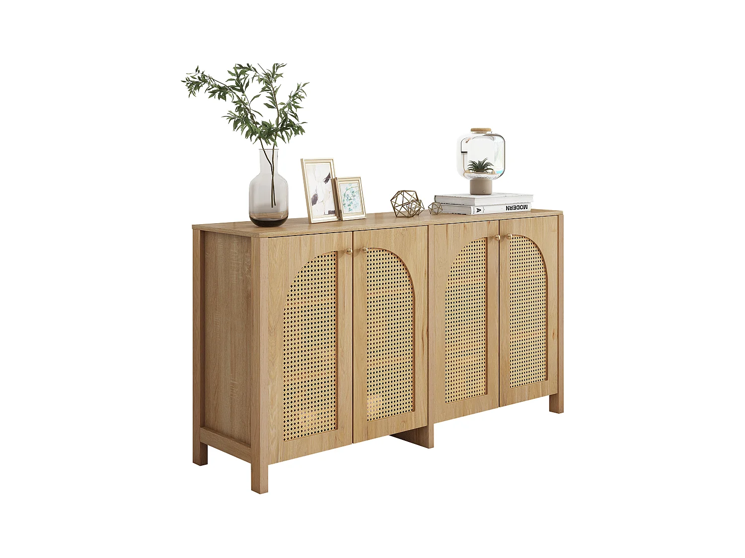 Aparador moderno de ratán MDF de 4 puertas con almacenamiento para sala de estar y comedor en color natural