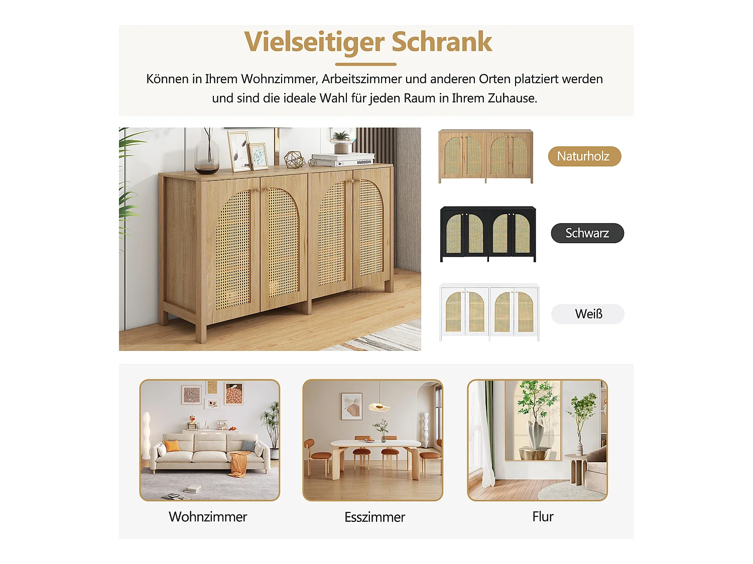 Aparador moderno de ratán MDF de 4 puertas con almacenamiento para sala de estar y comedor en color natural