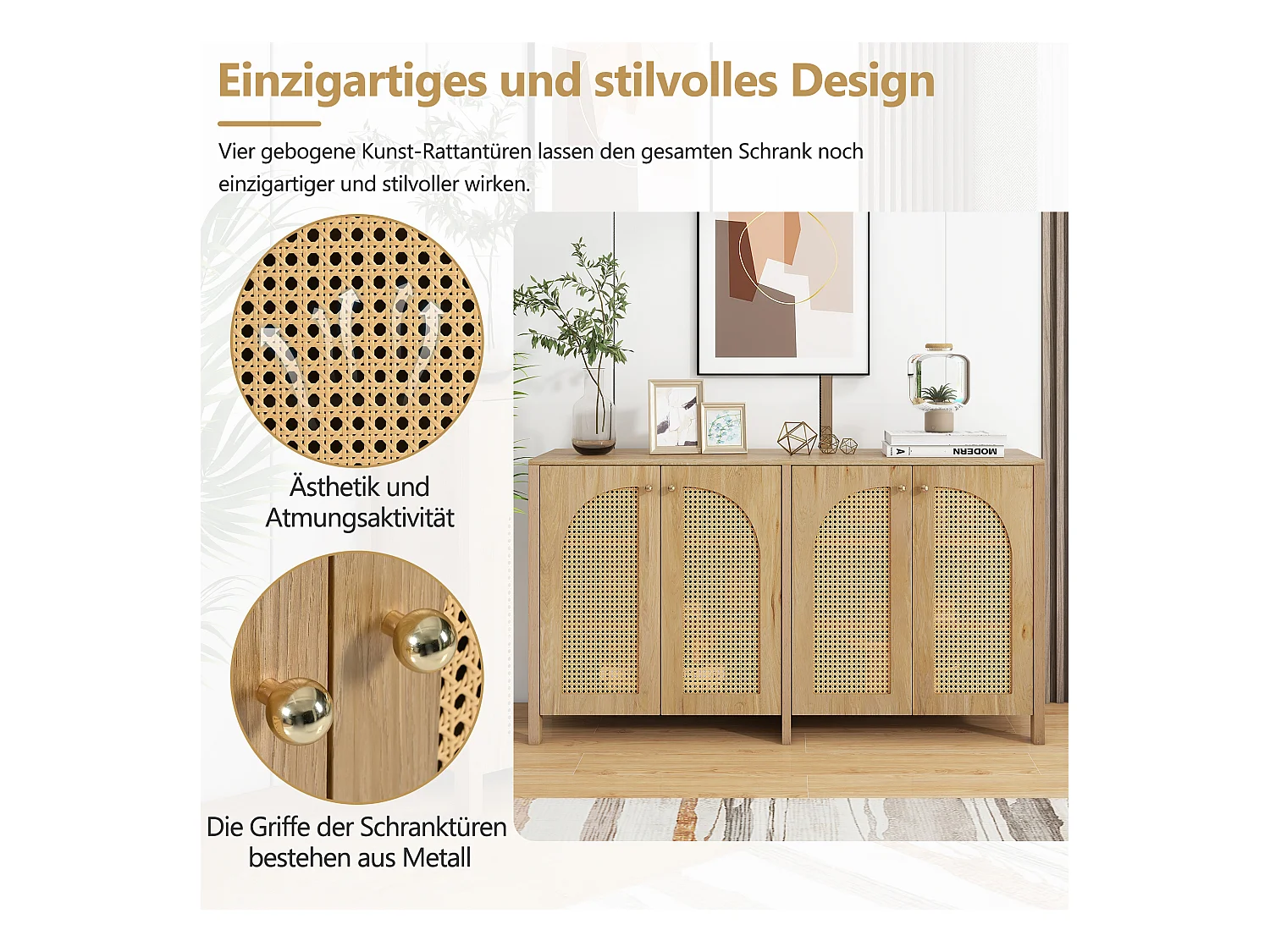 Aparador moderno de ratán MDF de 4 puertas con almacenamiento para sala de estar y comedor en color natural