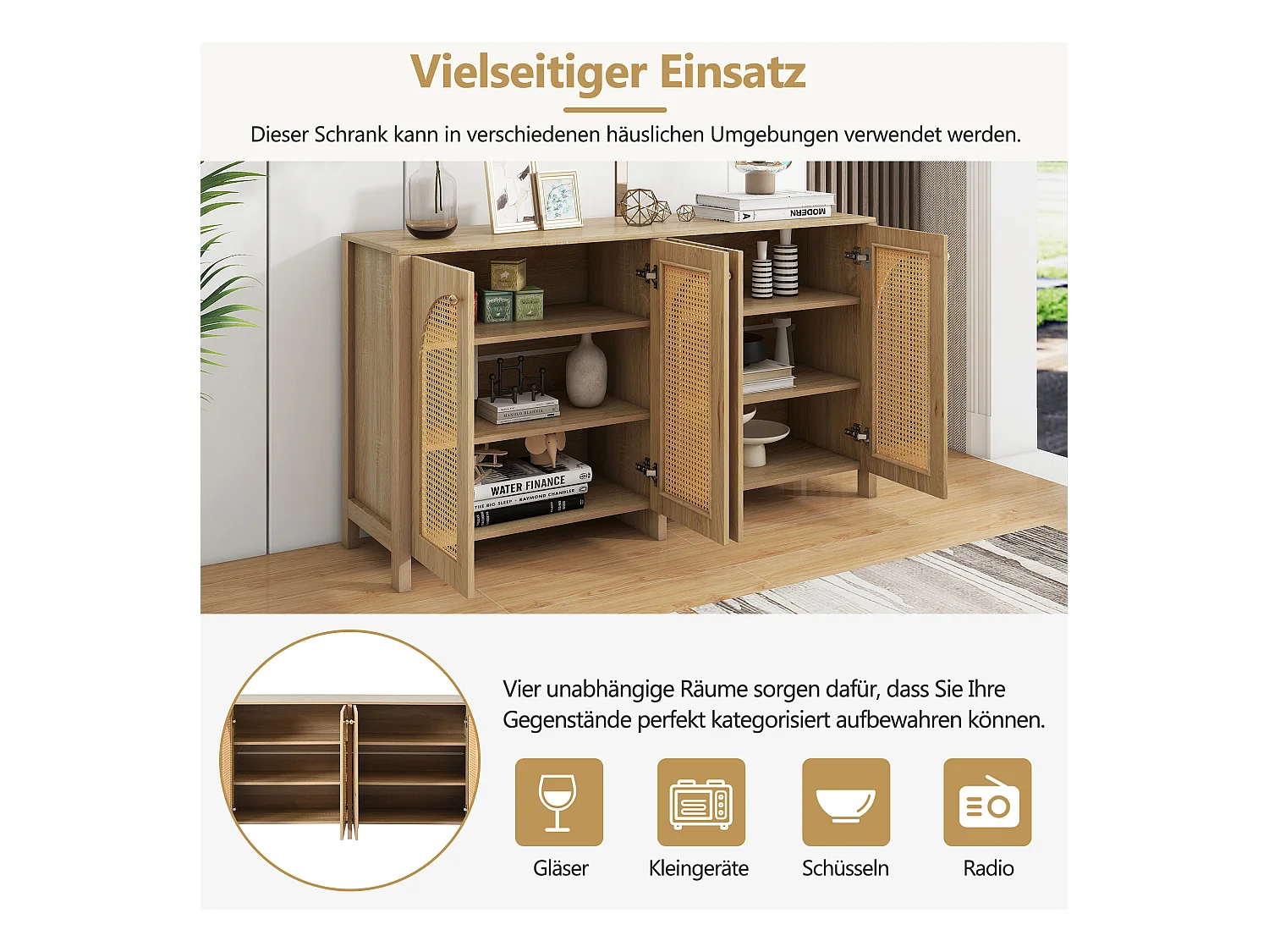 Aparador moderno de ratán MDF de 4 puertas con almacenamiento para sala de estar y comedor en color natural