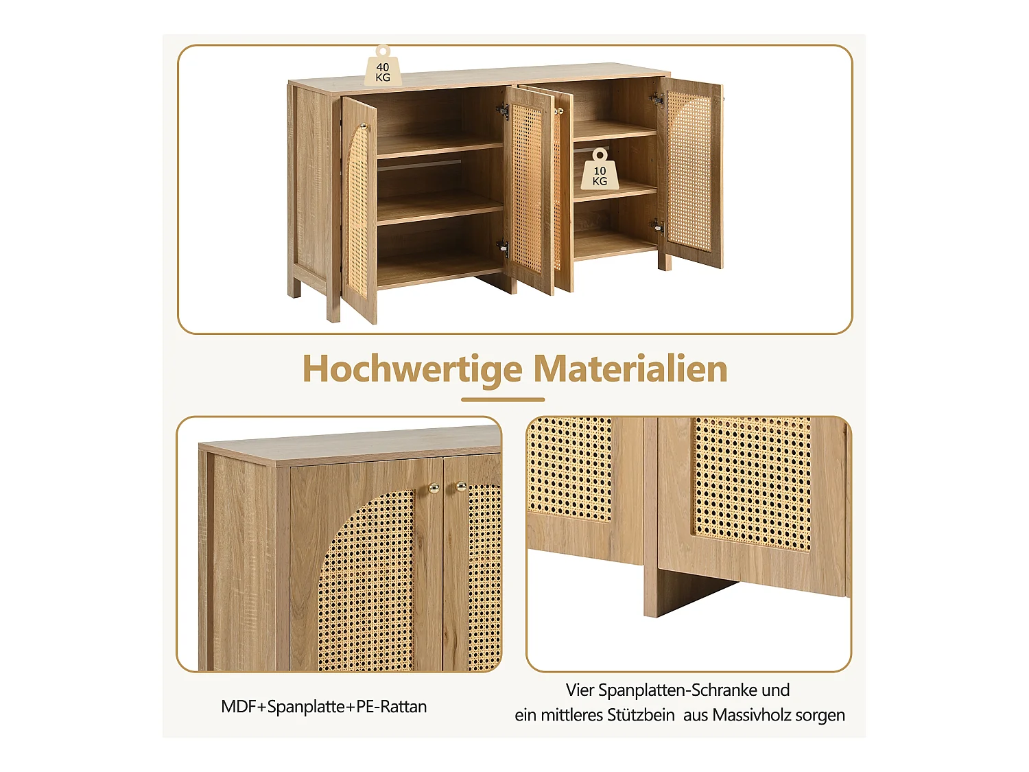 Aparador moderno de ratán MDF de 4 puertas con almacenamiento para sala de estar y comedor en color natural