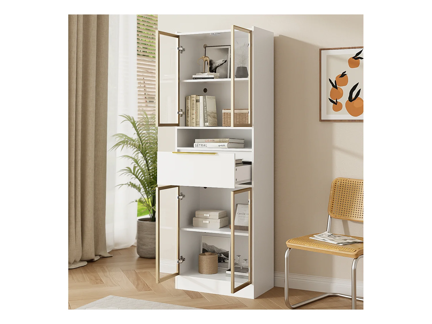 Vetrina alta LED 16 colori MDF bianco vitrée rangement salon chambre 60x35x180 cm