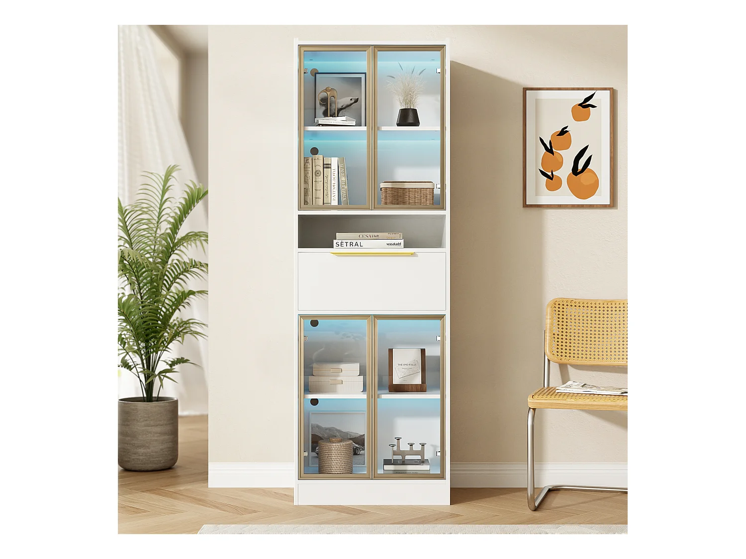 Vetrina alta LED 16 colori MDF bianco vitrée rangement salon chambre 60x35x180 cm