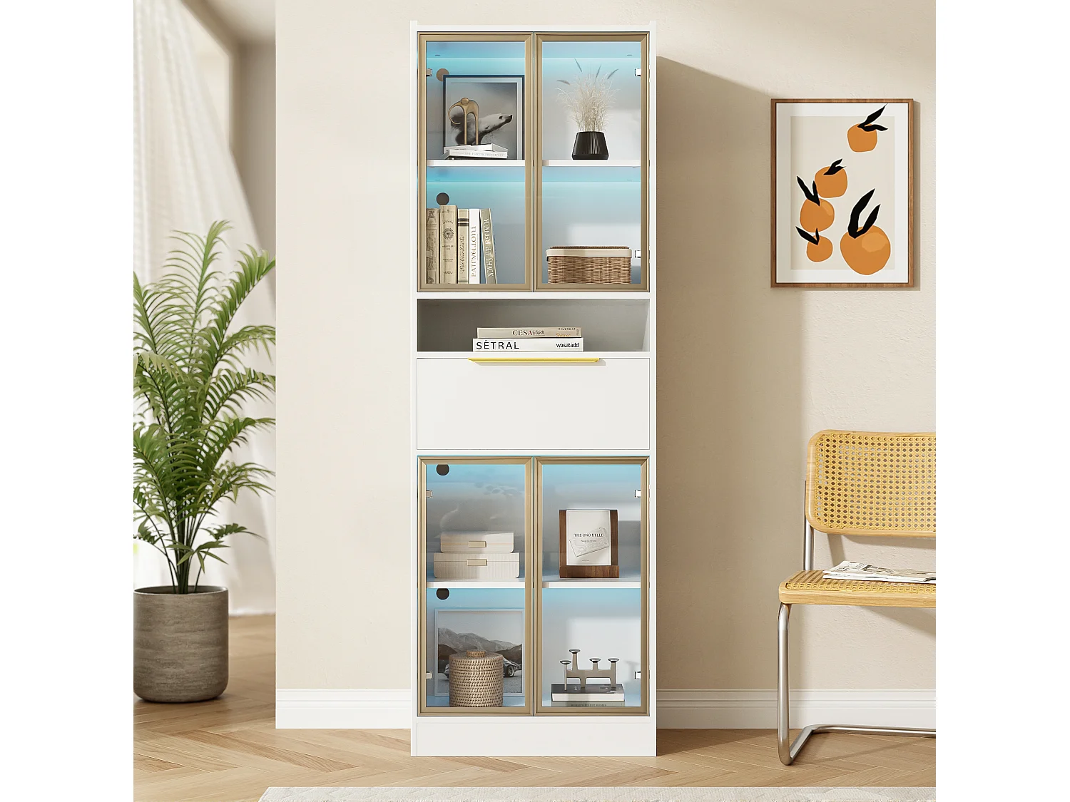 Vitrine haute LED 16 couleurs MDF blanc vitrée rangement salon chambre 60x35x180 cm